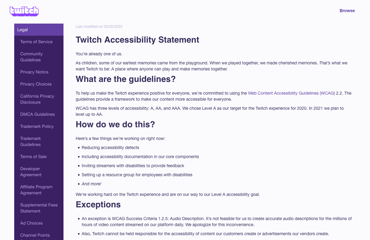 Screenshot of the the Twitch accessibility statement